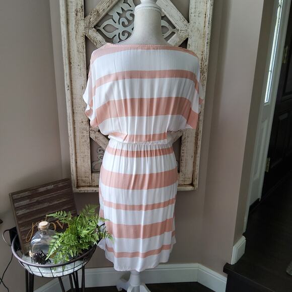 Oddy Women's Short Sleeve Dolman T-Shirt Tie Elastic Waist Midi Dress in Peach - Picture 3 of 9